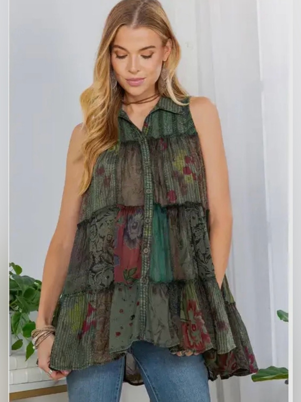 NWOT Young Threads Patchwork Sleeveless Tiered Button-Front Blouse Size XS